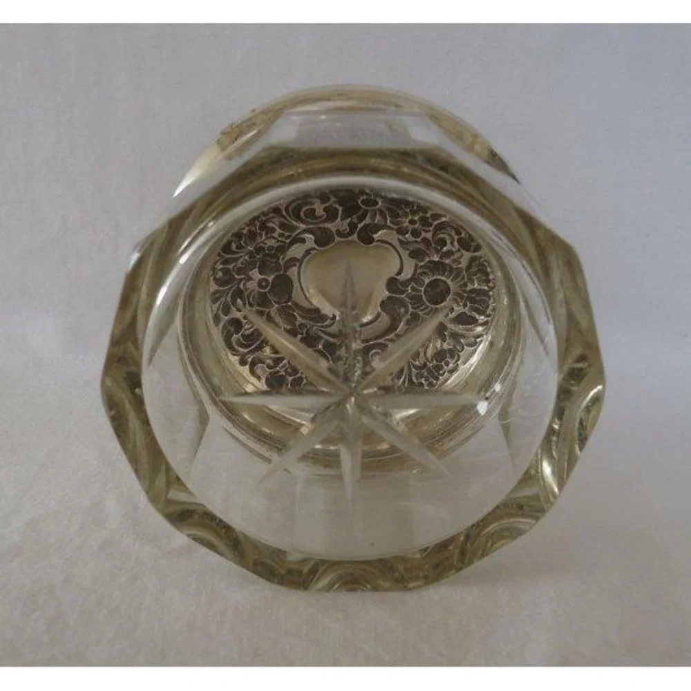 Antique Cut Glass Powder Jar Sterling Silver Lid Monogram FMC 1899 Clear Paneled